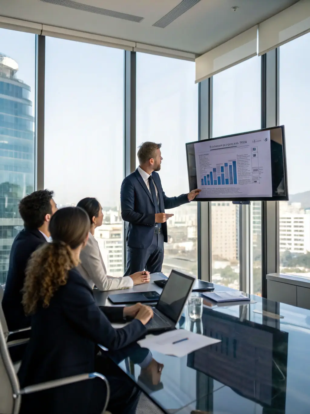 An image depicting a consultant presenting data-driven insights to a board of directors, representing Strategic Consulting.