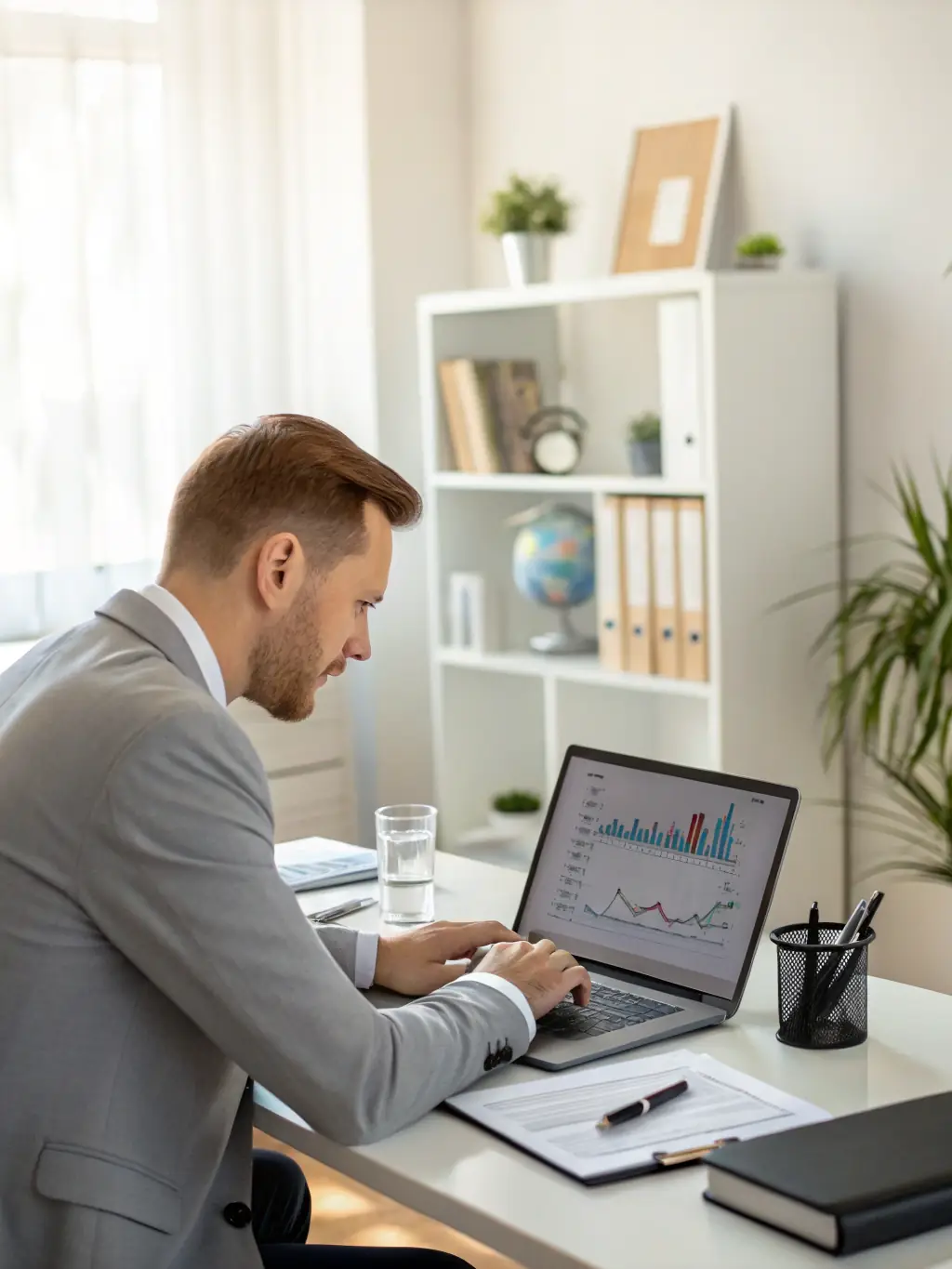 A consultant in a modern office setting, reviewing data on a tablet, symbolizing technology investment analysis.